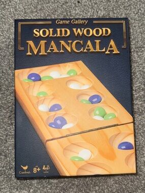 Solid Wood Mancala Board Game - Natural Wood with Green, Blue, White Stones